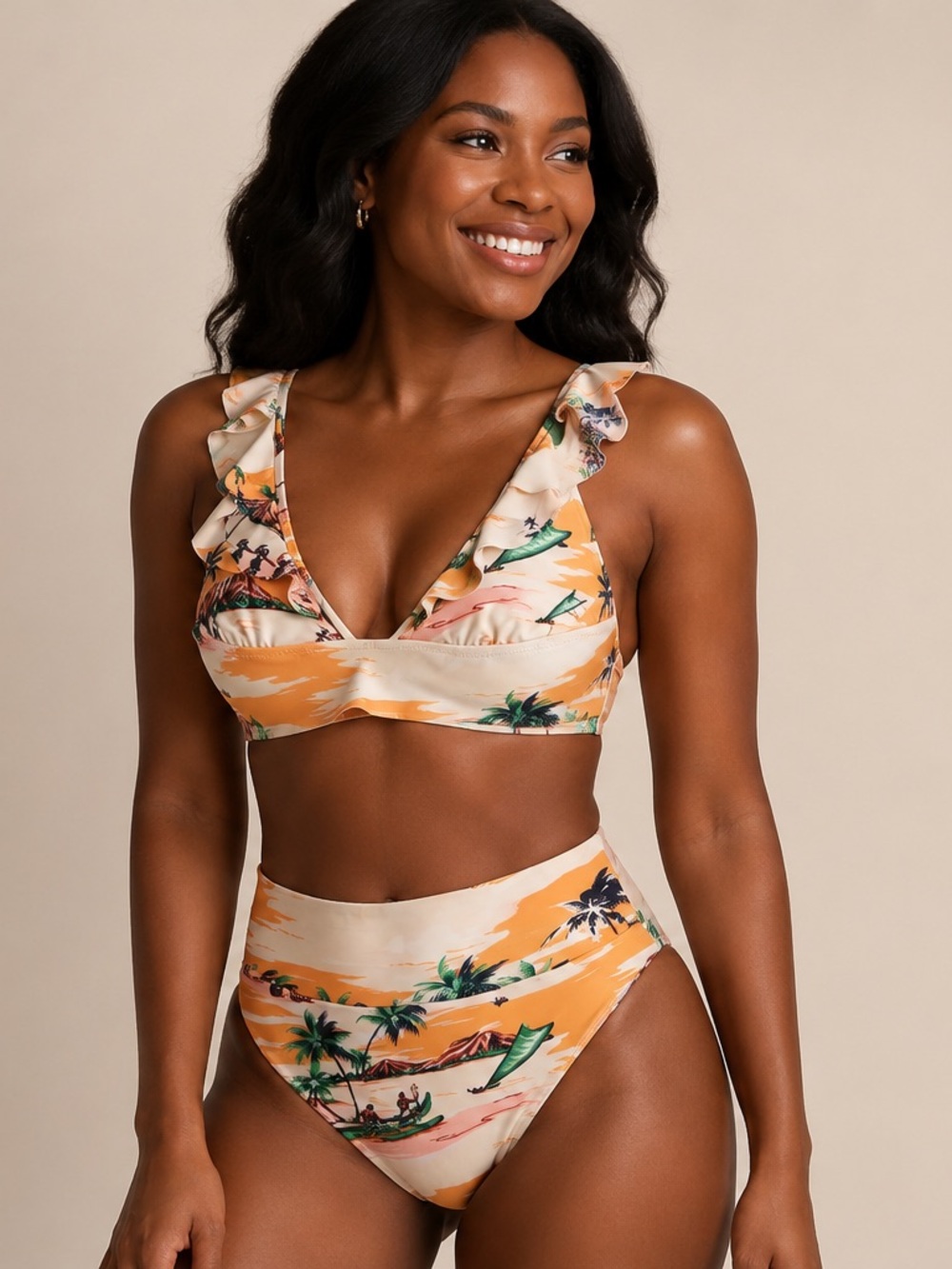 Aerie Tropical Print Ruffle V-Neck Bikini Set Size S/P